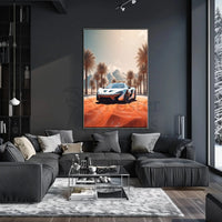 Futuristic Sports Car Desert Landscape Poster PosterGoat