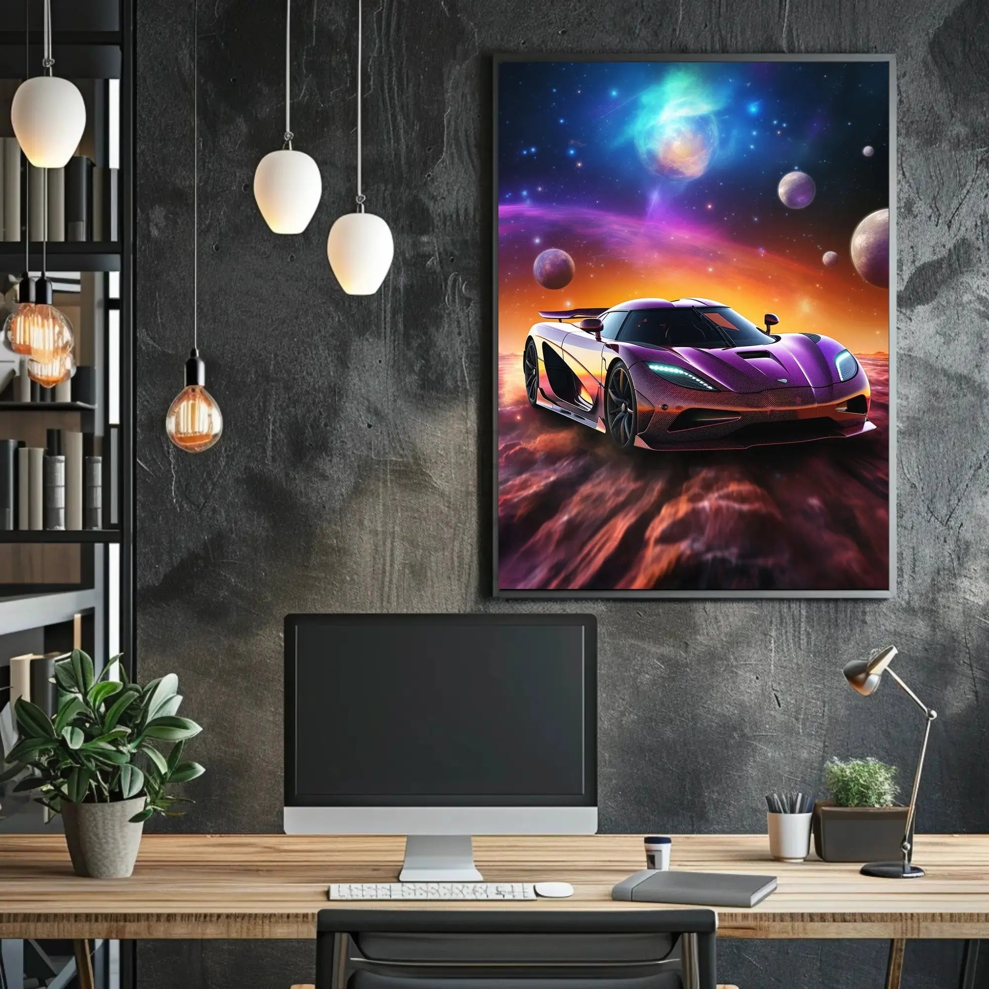 Futuristic Sports Car in Cosmic Sci-Fi Poster PosterGoat
