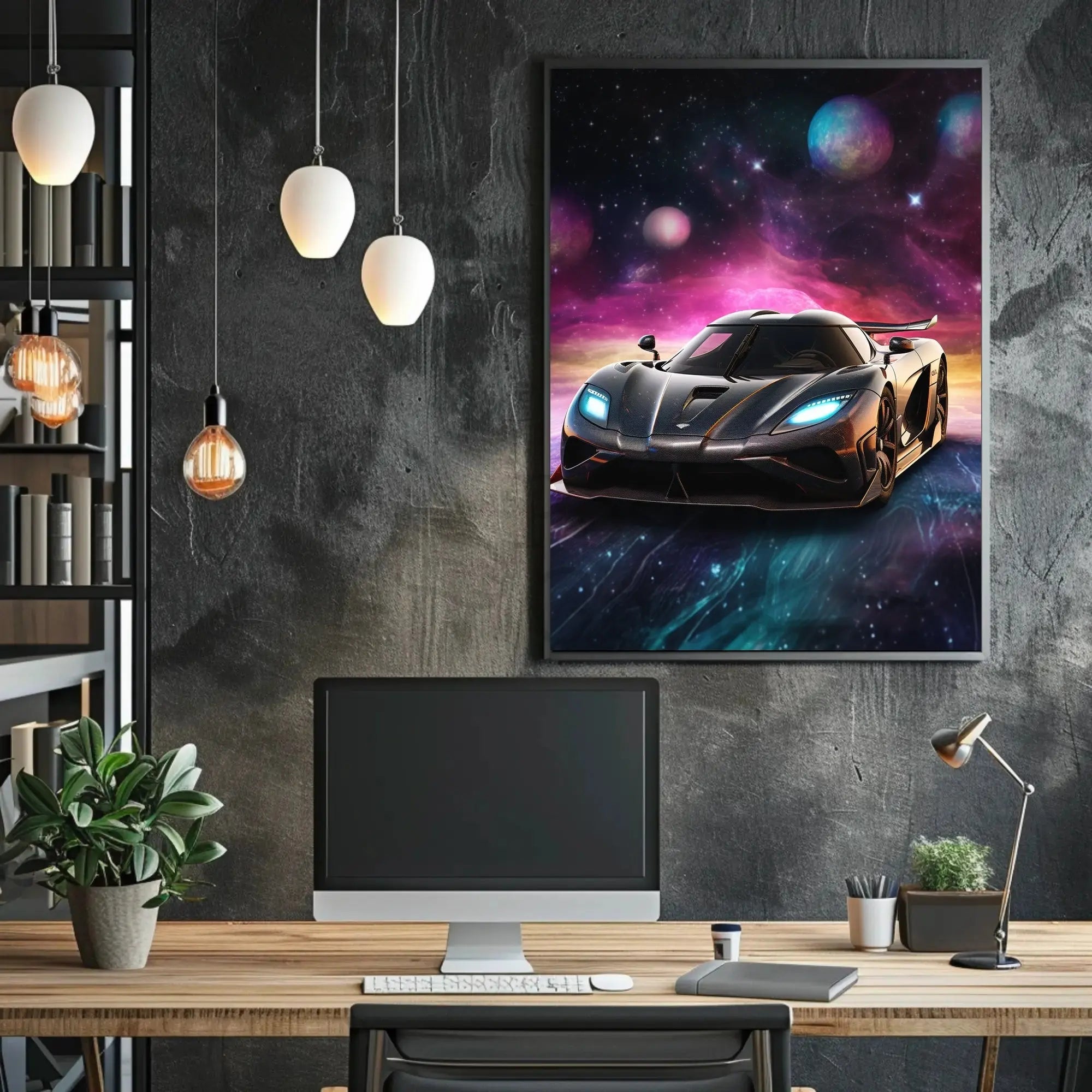 Futuristic Sports Car in Cosmic Space Futuristic Sci-Fi Poster PosterGoat