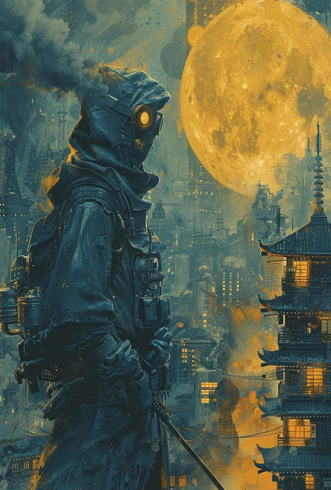 Futuristic Survivor in East Asian Dystopia - Sci-Fi Poster PosterGoat