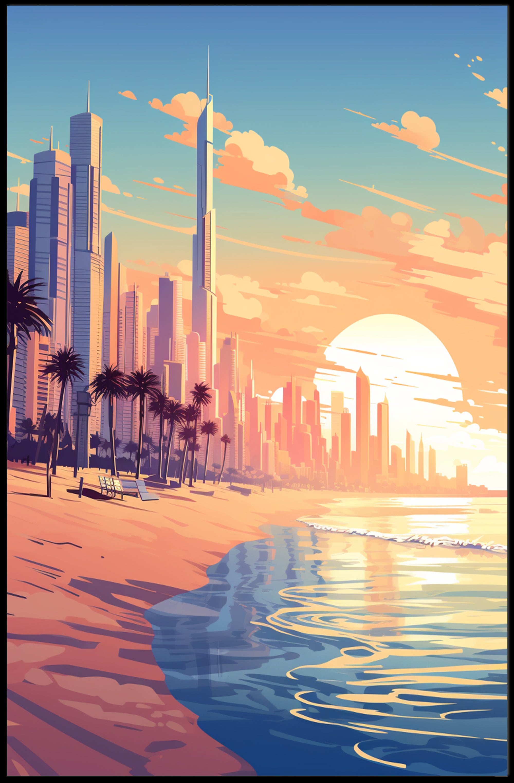 Futuristic Urban Skyline Sunset with Palm Trees Poster PosterGoat