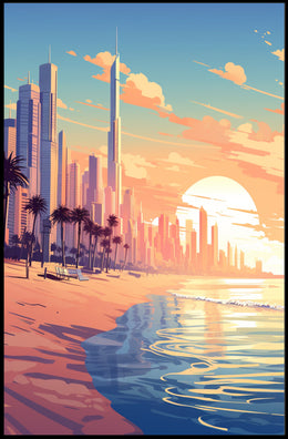Futuristic Urban Skyline Sunset with Palm Trees Poster PosterGoat