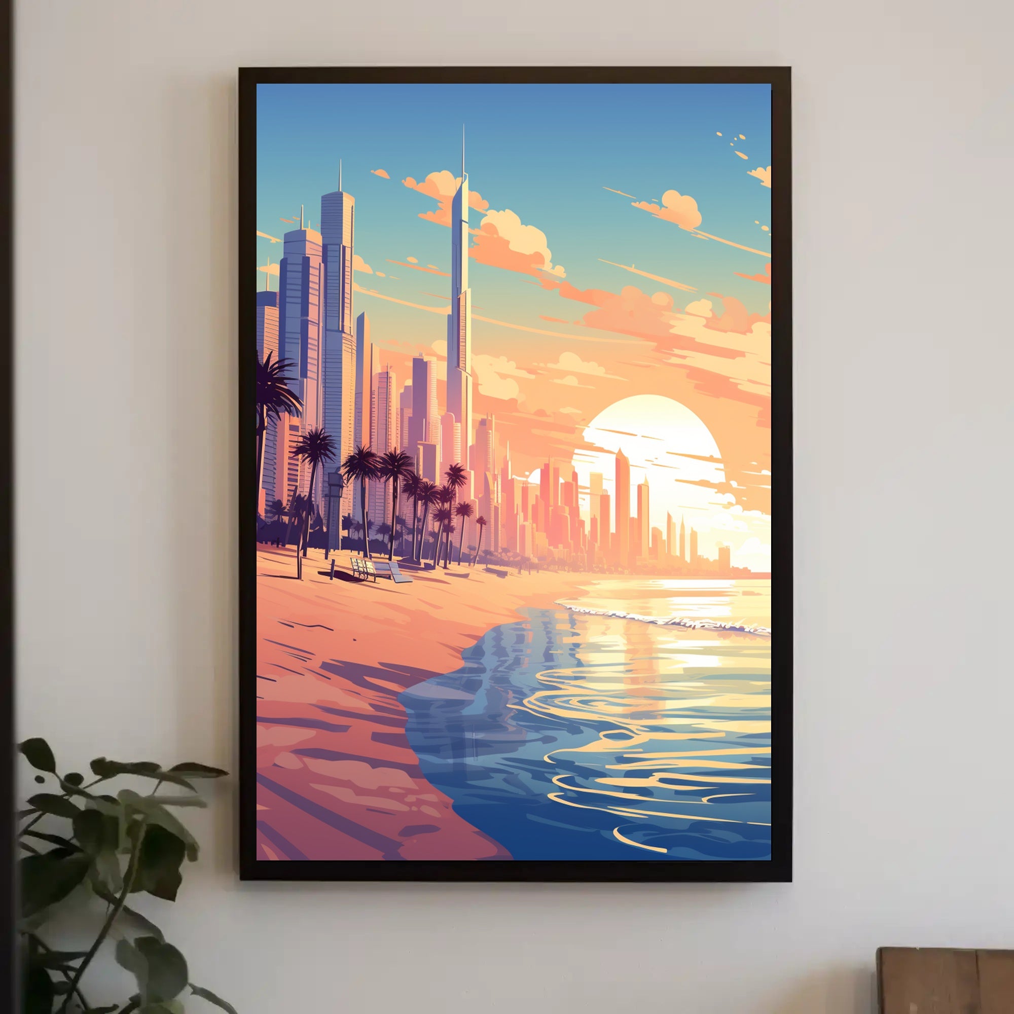 Futuristic Urban Skyline Sunset with Palm Trees Poster PosterGoat