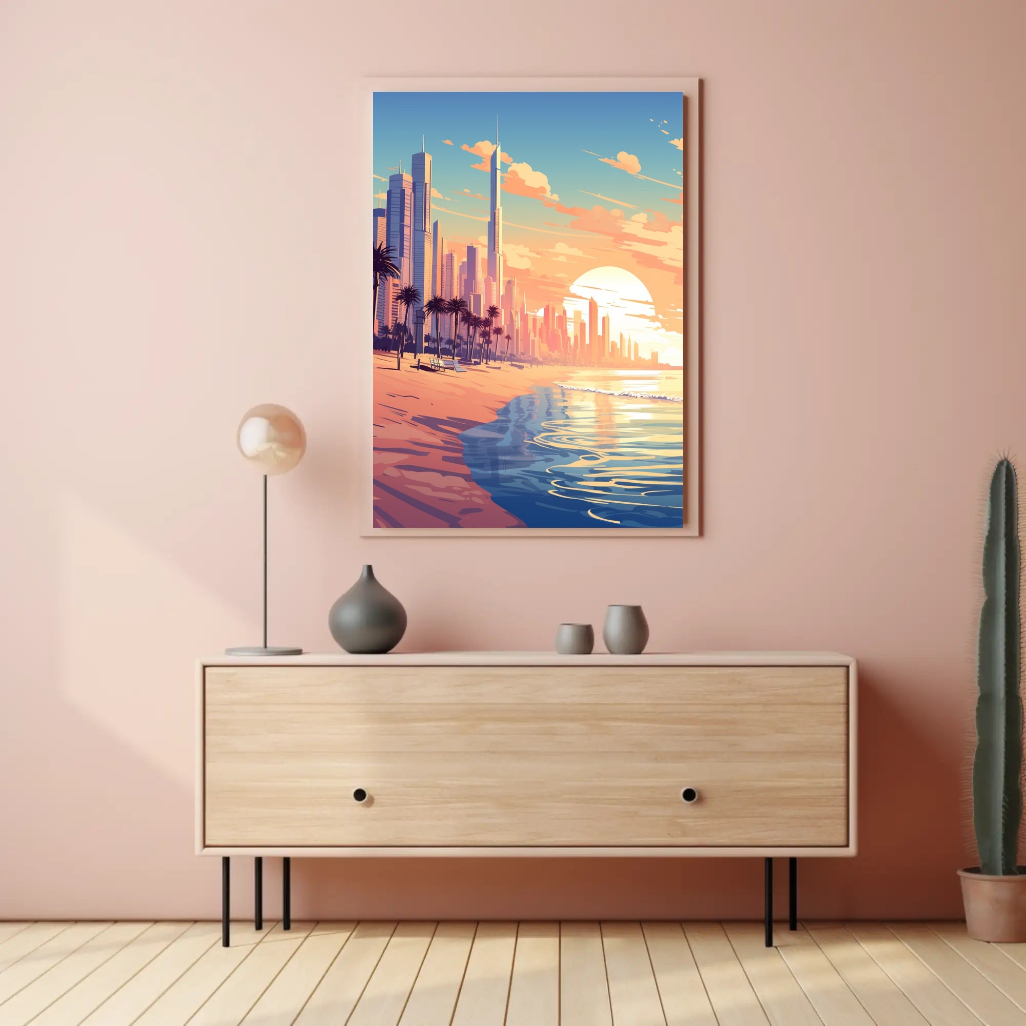 Futuristic Urban Skyline Sunset with Palm Trees Poster PosterGoat