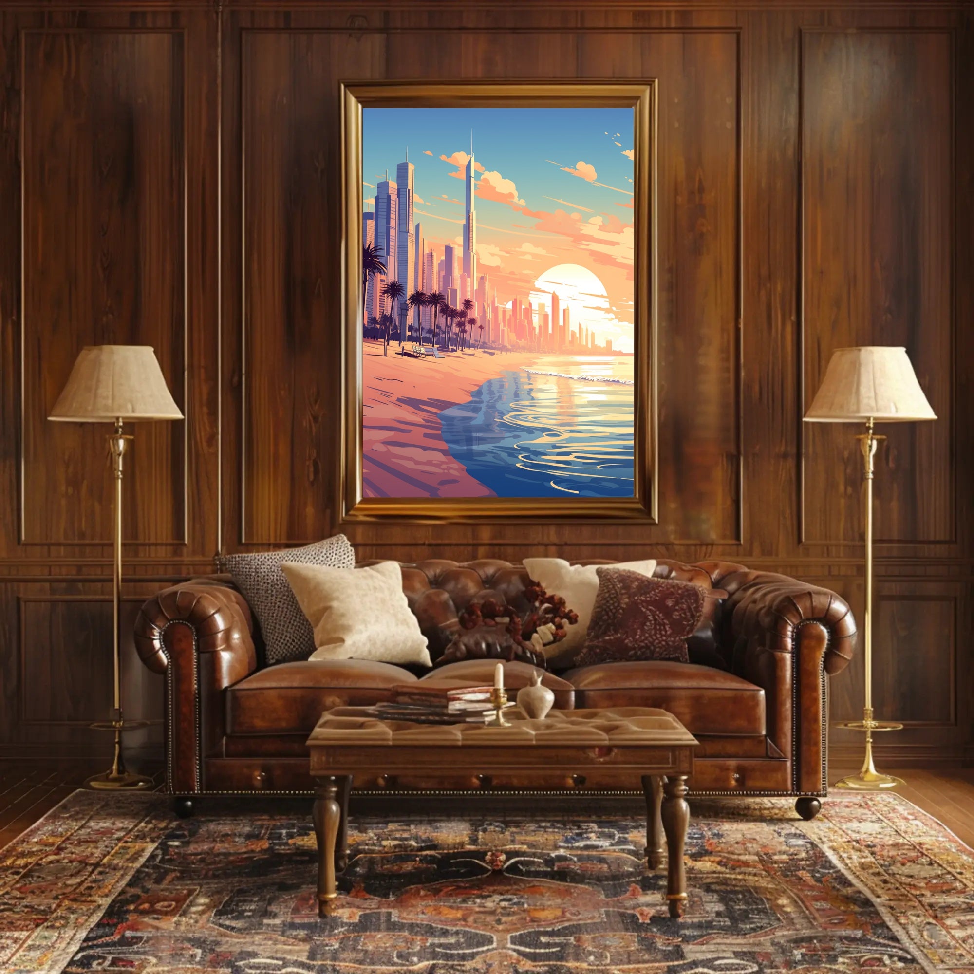 Futuristic Urban Skyline Sunset with Palm Trees Poster PosterGoat