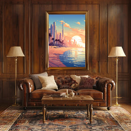 Futuristic Urban Skyline Sunset with Palm Trees Poster PosterGoat