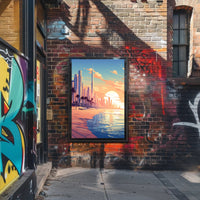 Futuristic Urban Skyline Sunset with Palm Trees Poster PosterGoat