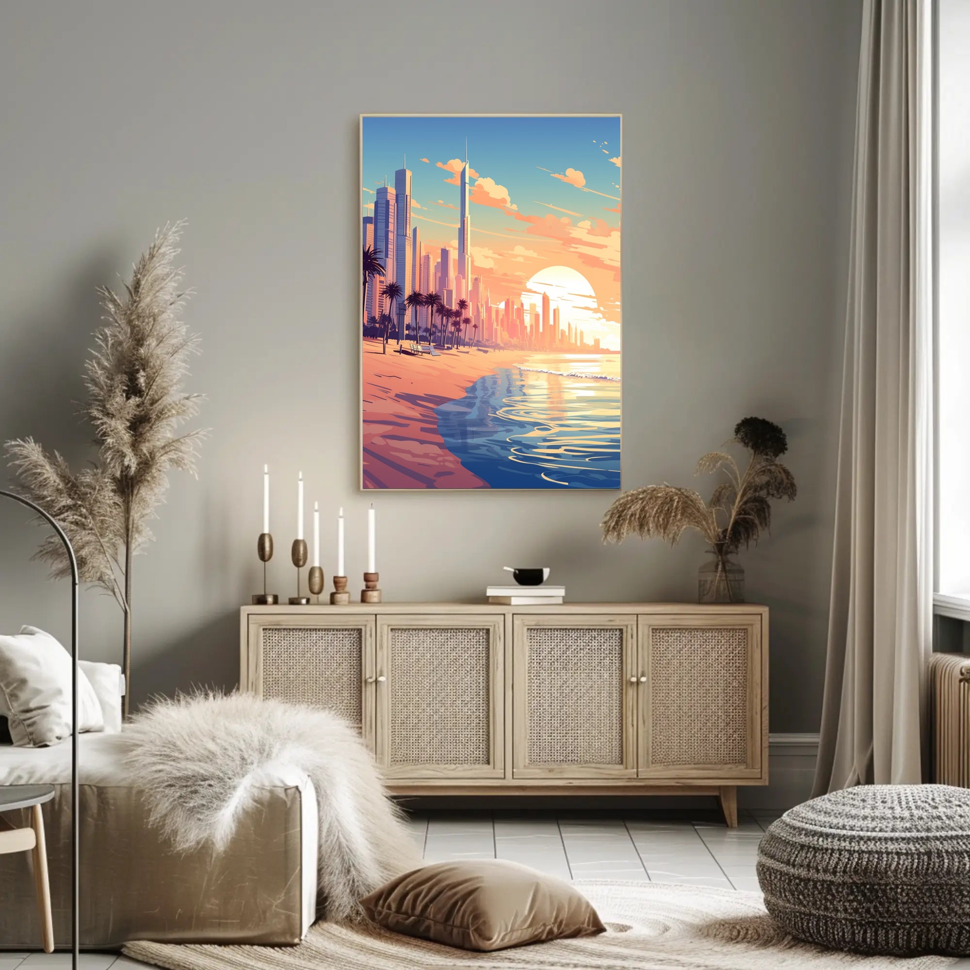 Futuristic Urban Skyline Sunset with Palm Trees Poster PosterGoat