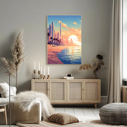 Futuristic Urban Skyline Sunset with Palm Trees Poster PosterGoat