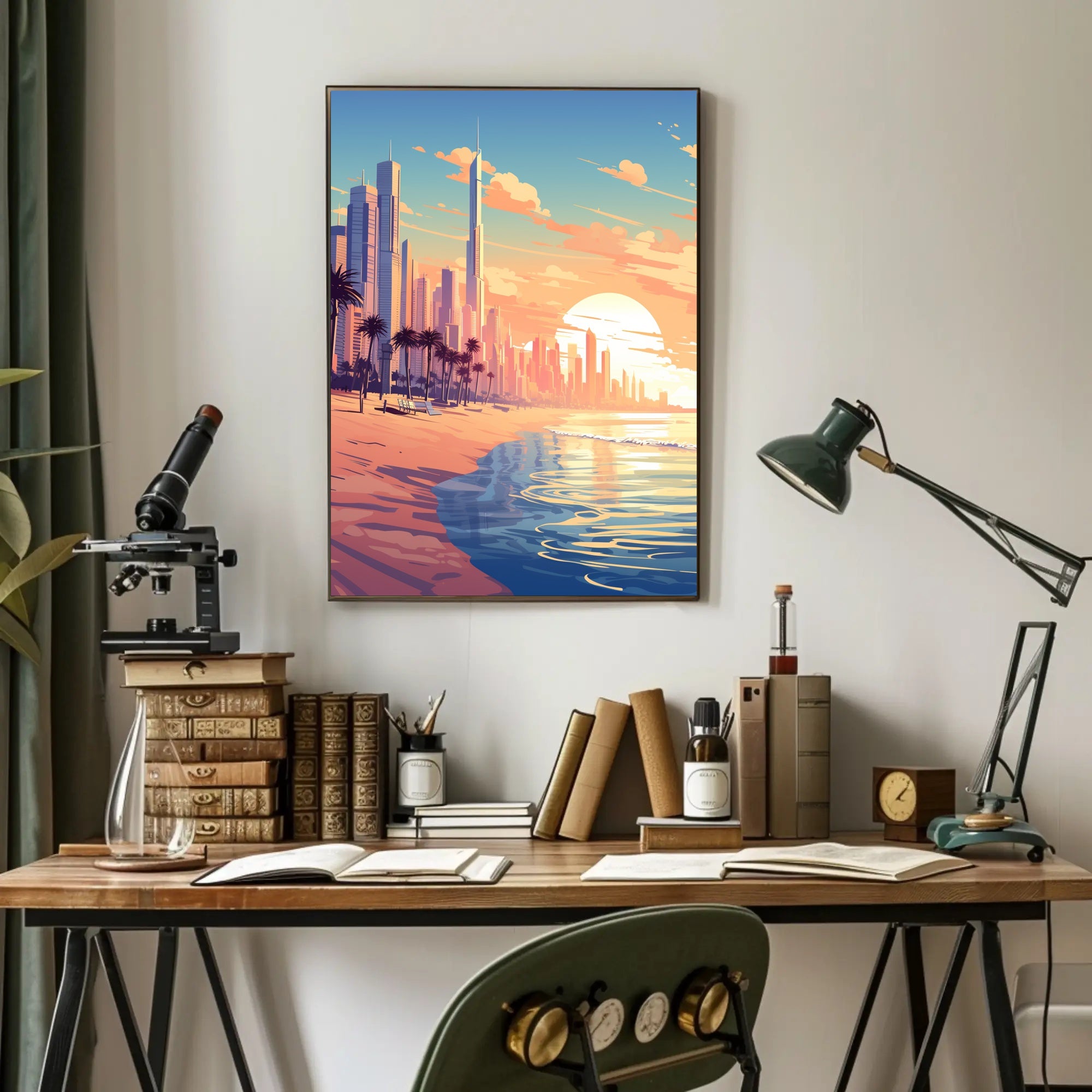 Futuristic Urban Skyline Sunset with Palm Trees Poster PosterGoat