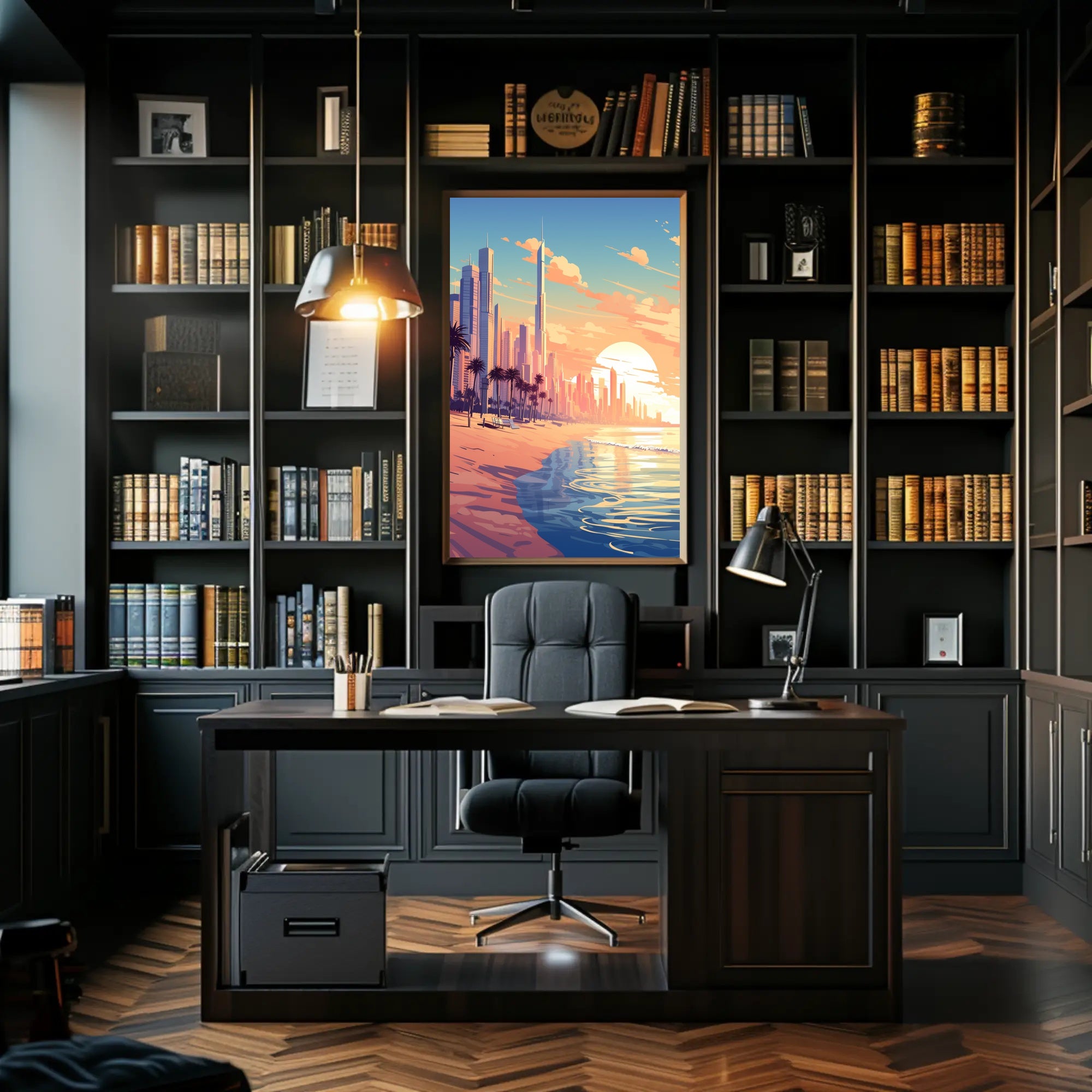 Futuristic Urban Skyline Sunset with Palm Trees Poster PosterGoat