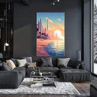Futuristic Urban Skyline Sunset with Palm Trees Poster PosterGoat