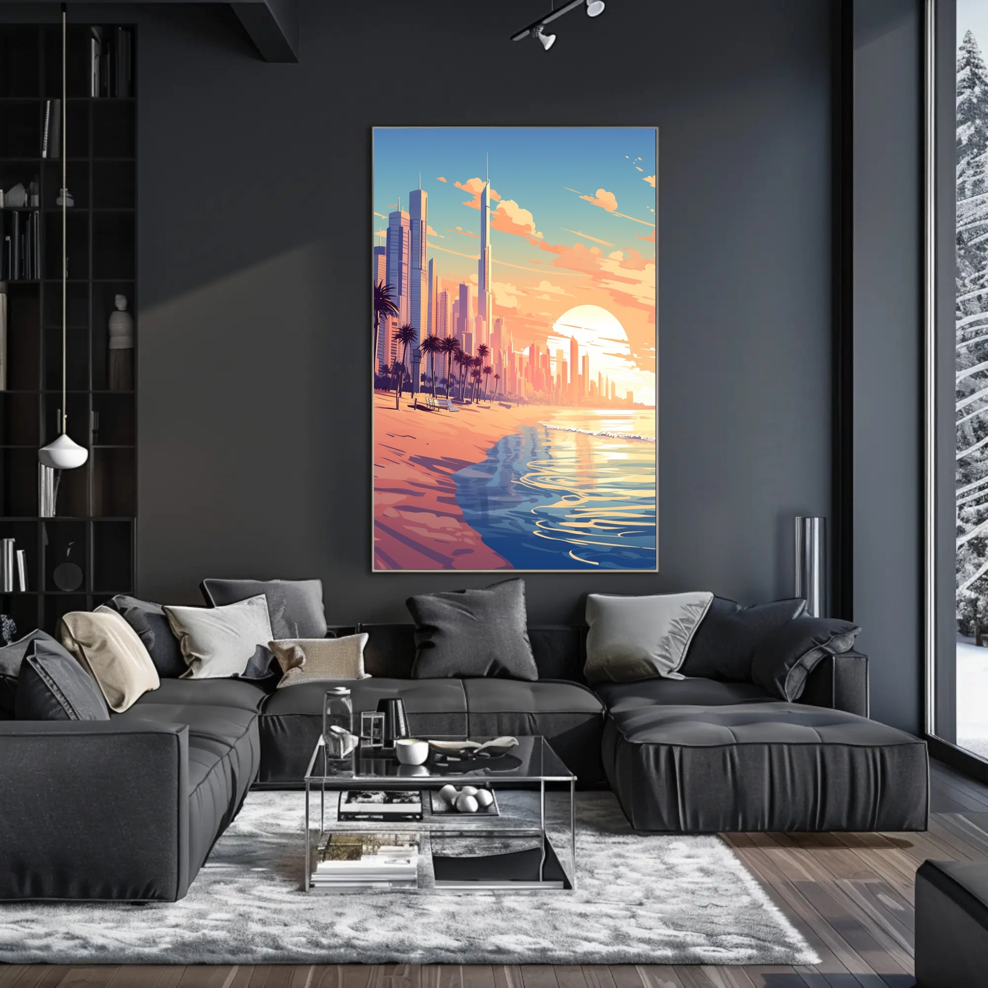 Futuristic Urban Skyline Sunset with Palm Trees Poster PosterGoat