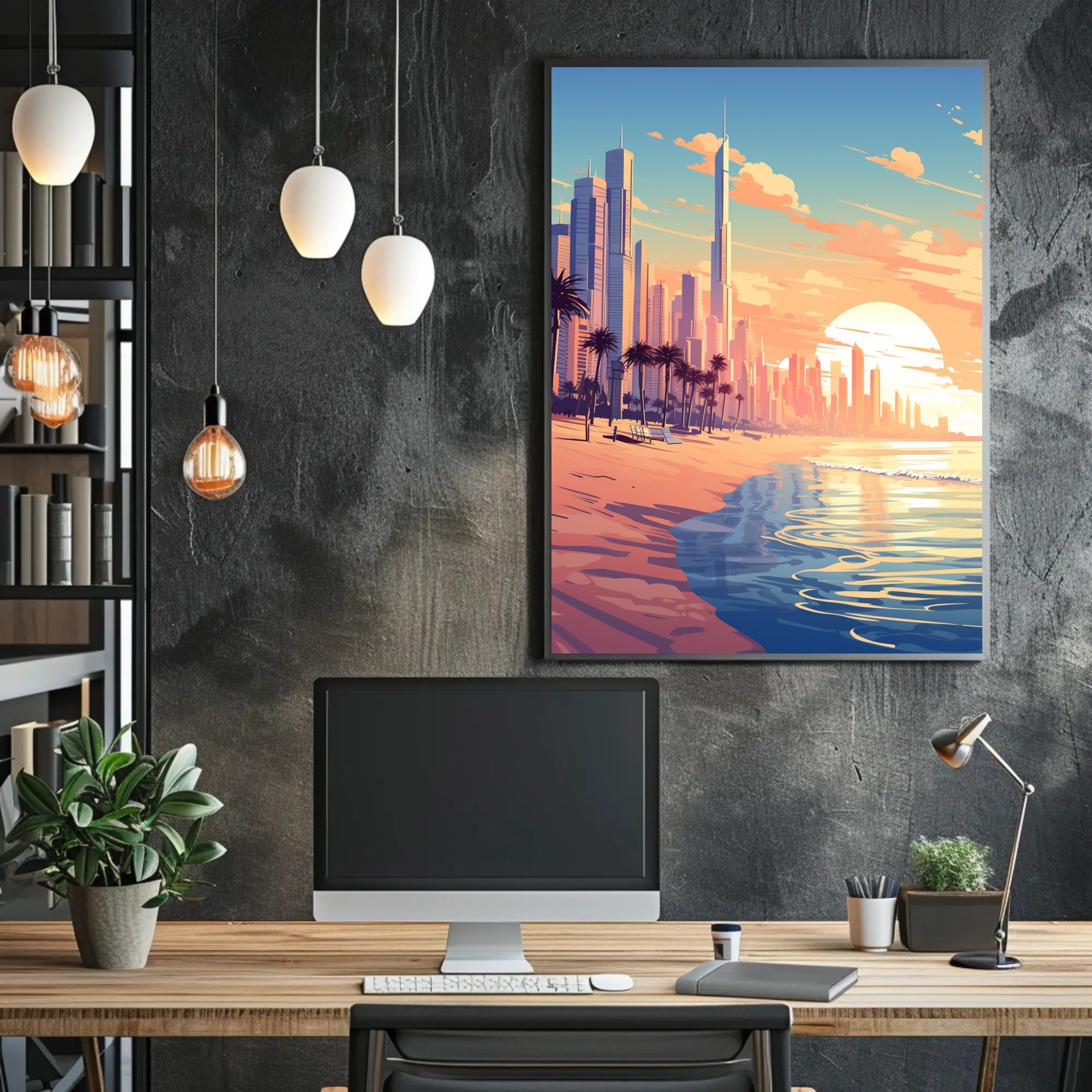 Futuristic Urban Skyline Sunset with Palm Trees Poster PosterGoat