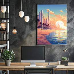 Futuristic Urban Skyline Sunset with Palm Trees Poster PosterGoat