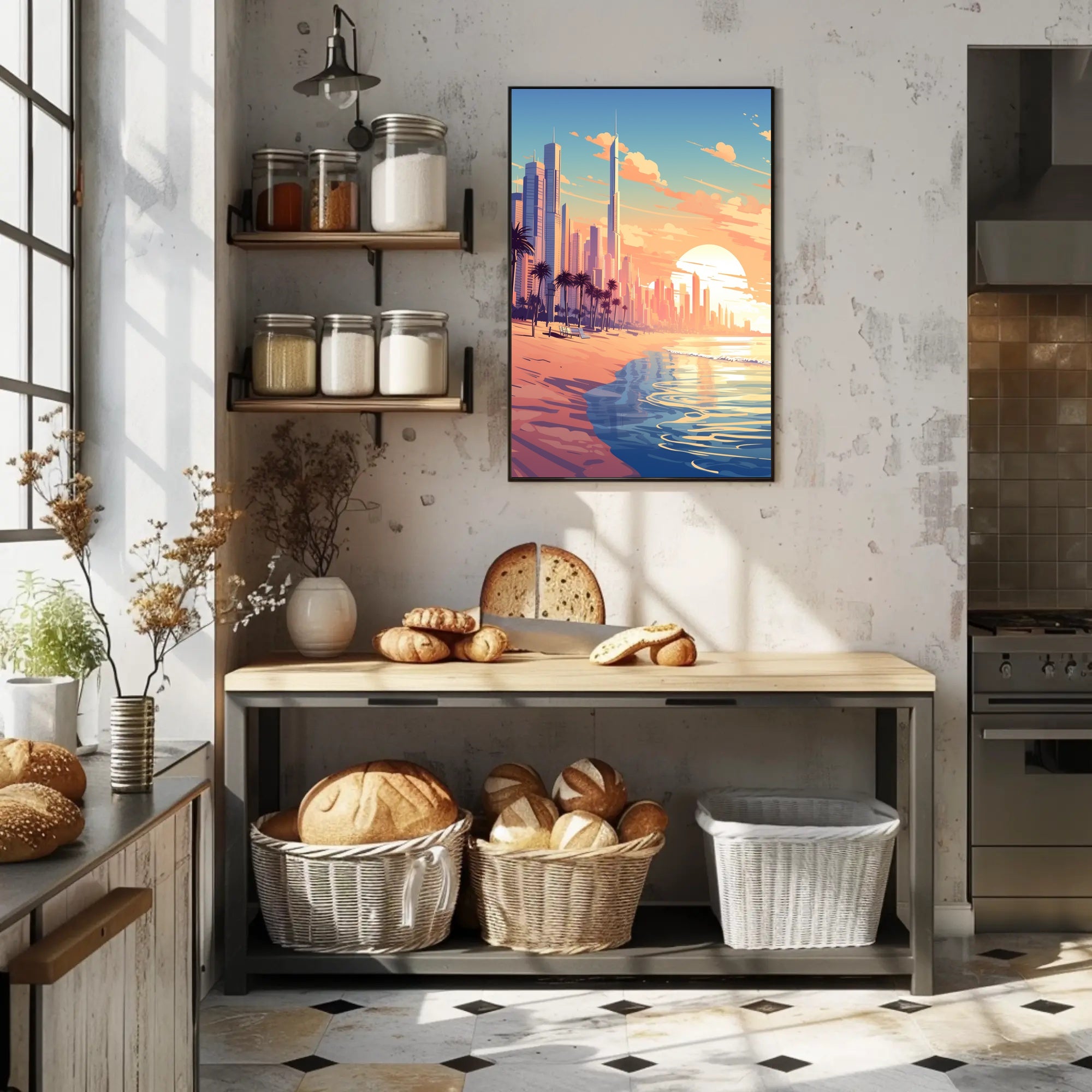 Futuristic Urban Skyline Sunset with Palm Trees Poster PosterGoat