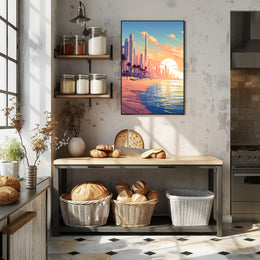 Futuristic Urban Skyline Sunset with Palm Trees Poster PosterGoat