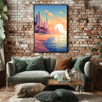 Futuristic Urban Skyline Sunset with Palm Trees Poster PosterGoat
