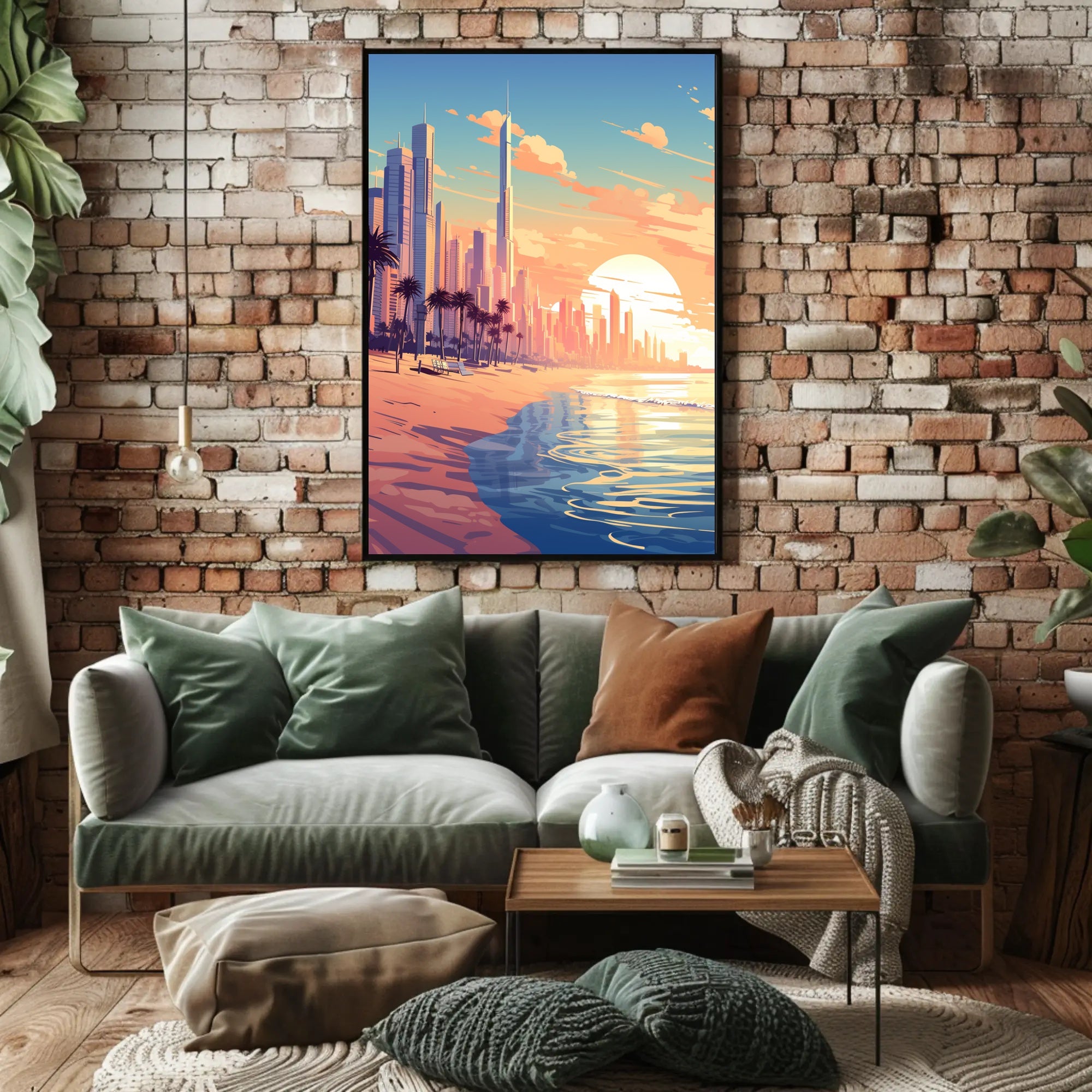 Futuristic Urban Skyline Sunset with Palm Trees Poster PosterGoat
