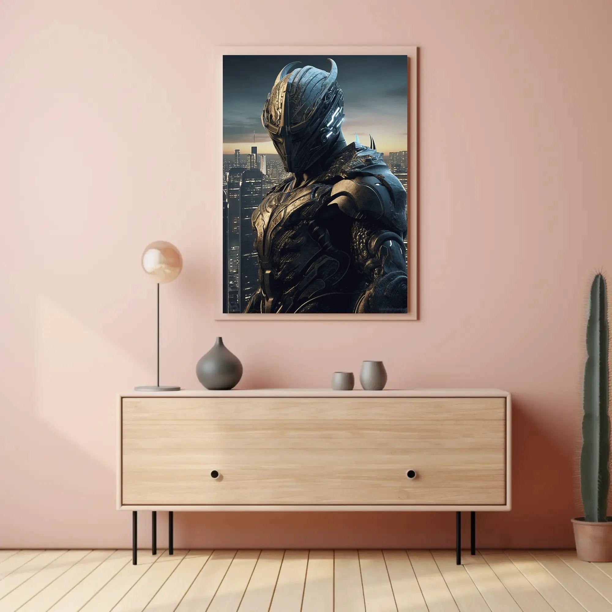 Futuristic Warrior in Dystopian City Sci-Fi Poster PosterGoat