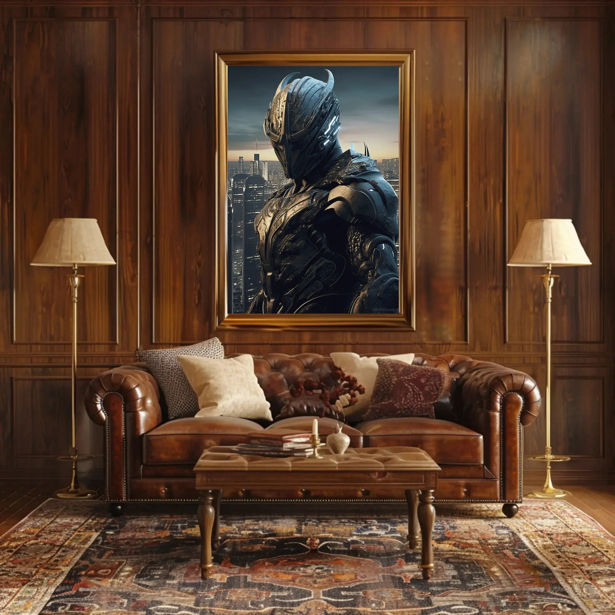 Futuristic Warrior in Dystopian City Sci-Fi Poster PosterGoat