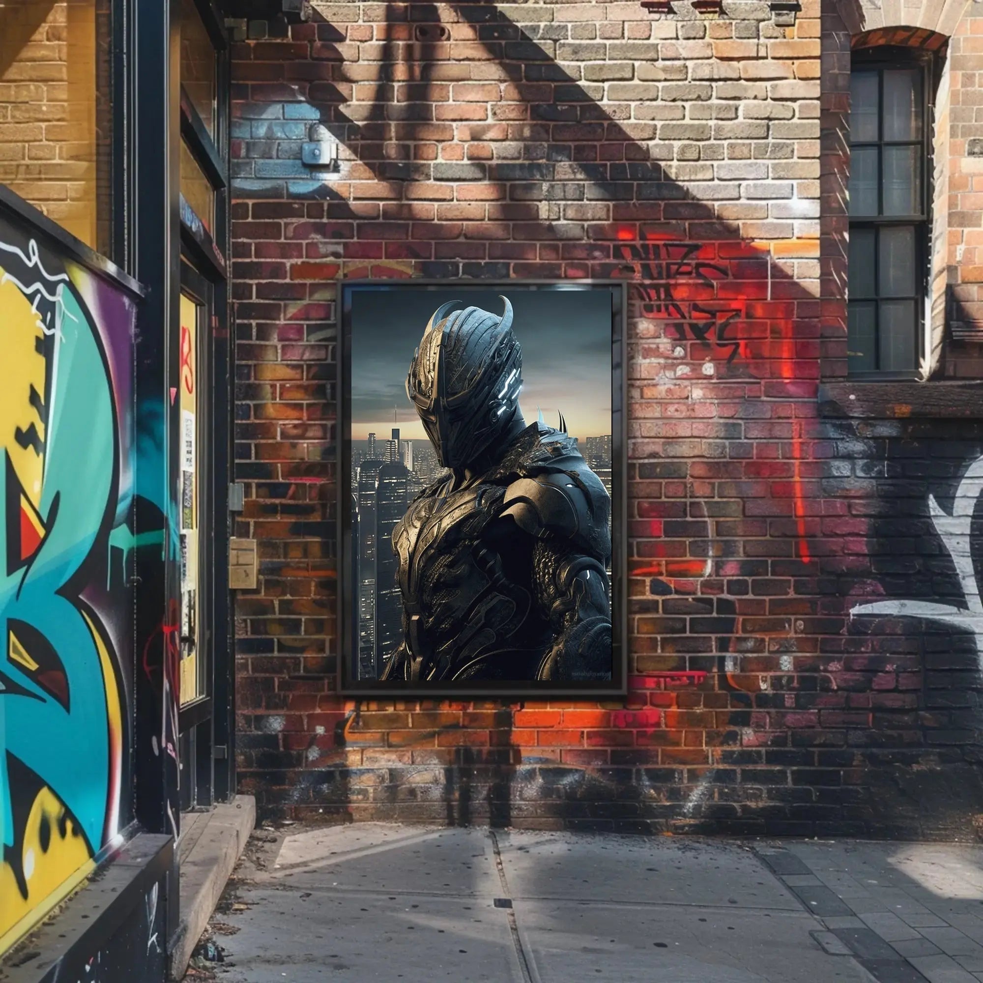 Futuristic Warrior in Dystopian City Sci-Fi Poster PosterGoat
