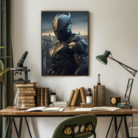 Futuristic Warrior in Dystopian City Sci-Fi Poster PosterGoat