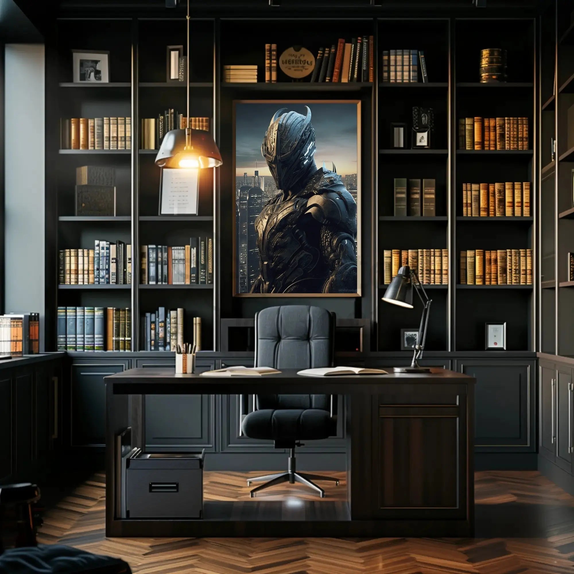 Futuristic Warrior in Dystopian City Sci-Fi Poster PosterGoat