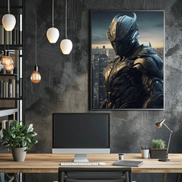 Futuristic Warrior in Dystopian City Sci-Fi Poster PosterGoat
