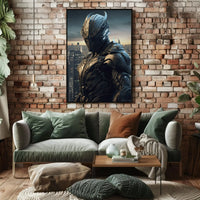 Futuristic Warrior in Dystopian City Sci-Fi Poster PosterGoat