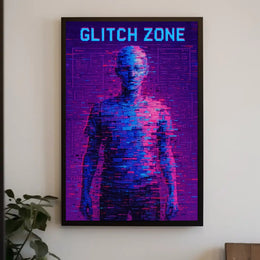 GLITCH ZONE Pixelated Humanoid in Futuristic Sci-Fi Poster PosterGoat
