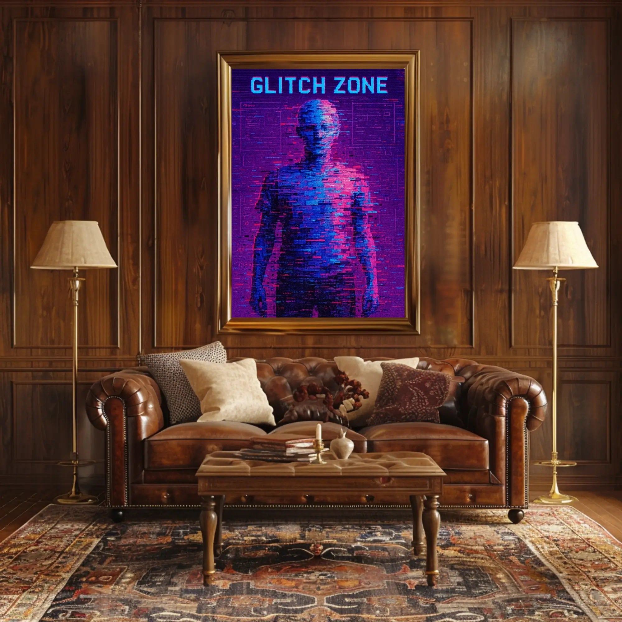 GLITCH ZONE Pixelated Humanoid in Futuristic Sci-Fi Poster PosterGoat