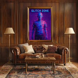 GLITCH ZONE Pixelated Humanoid in Futuristic Sci-Fi Poster PosterGoat