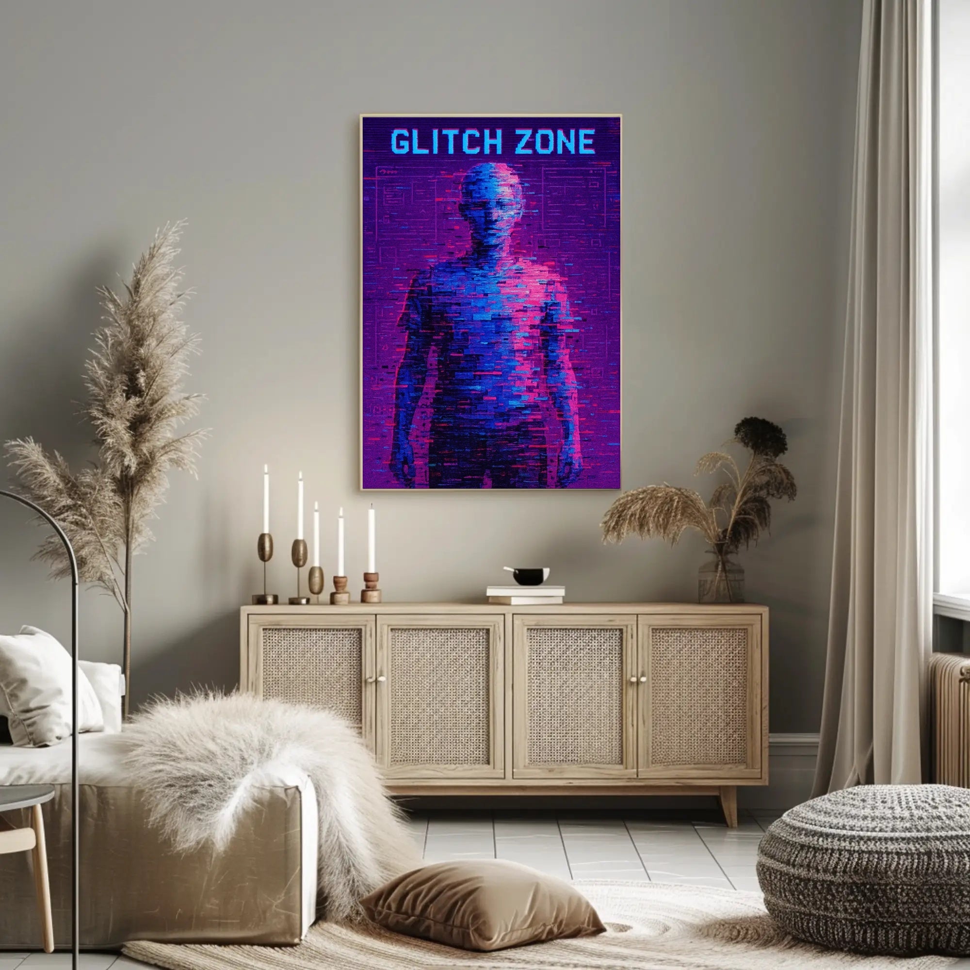GLITCH ZONE Pixelated Humanoid in Futuristic Sci-Fi Poster PosterGoat