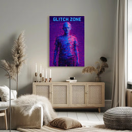 GLITCH ZONE Pixelated Humanoid in Futuristic Sci-Fi Poster PosterGoat