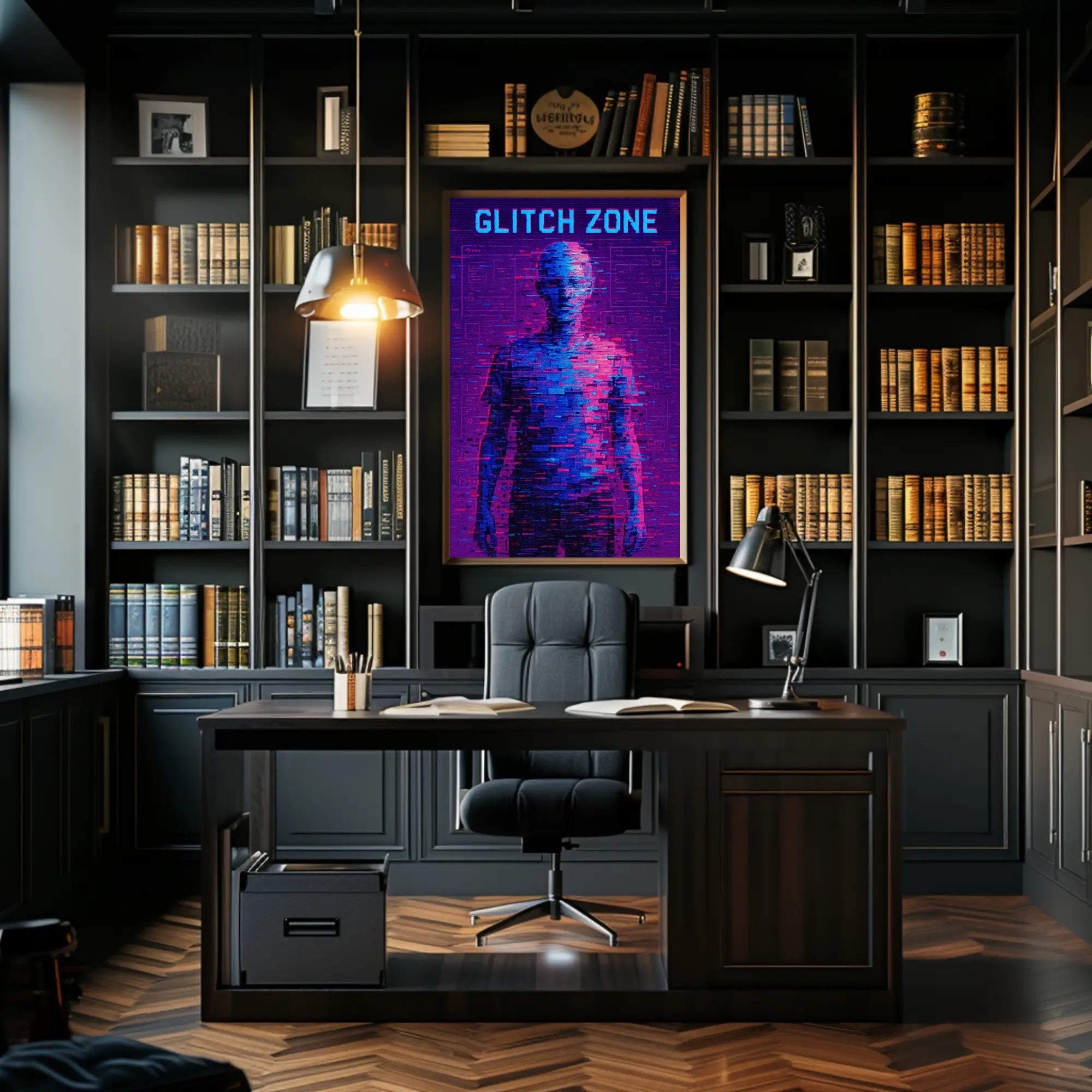 GLITCH ZONE Pixelated Humanoid in Futuristic Sci-Fi Poster PosterGoat