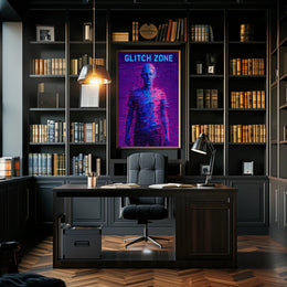 GLITCH ZONE Pixelated Humanoid in Futuristic Sci-Fi Poster PosterGoat
