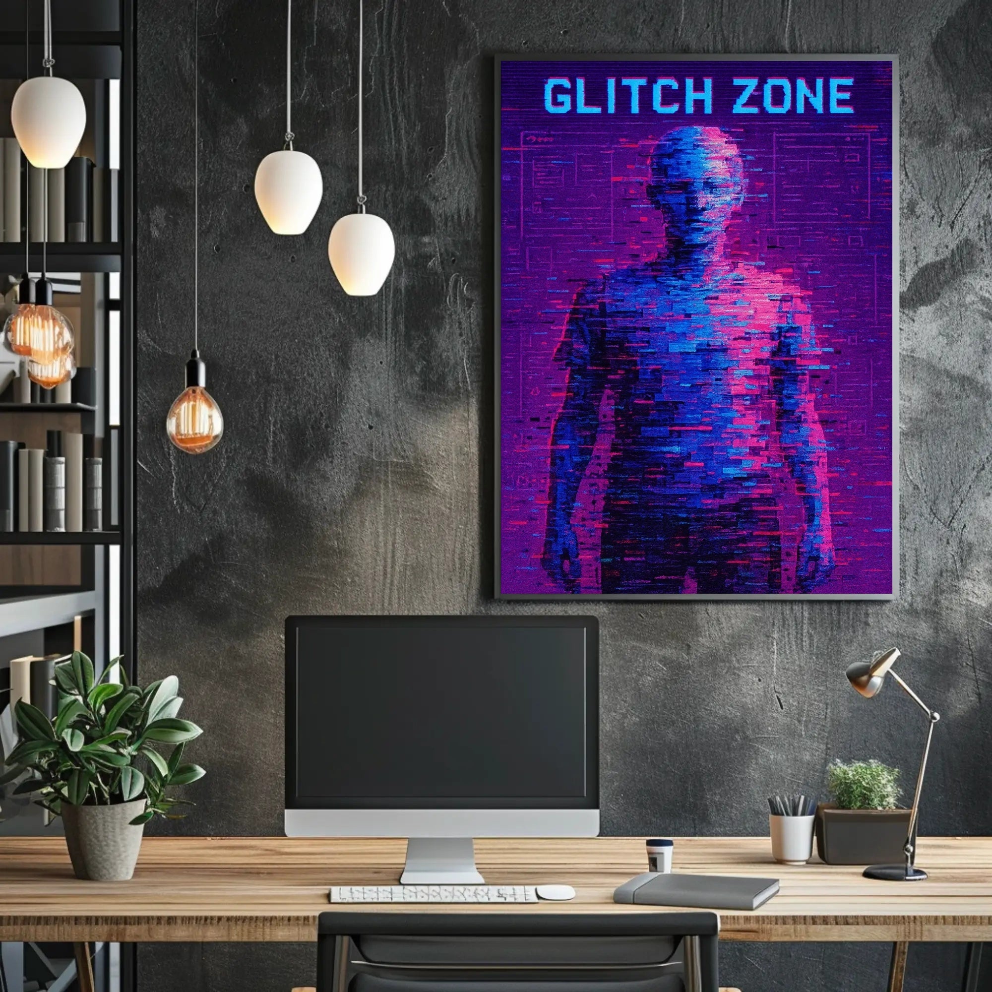 GLITCH ZONE Pixelated Humanoid in Futuristic Sci-Fi Poster PosterGoat