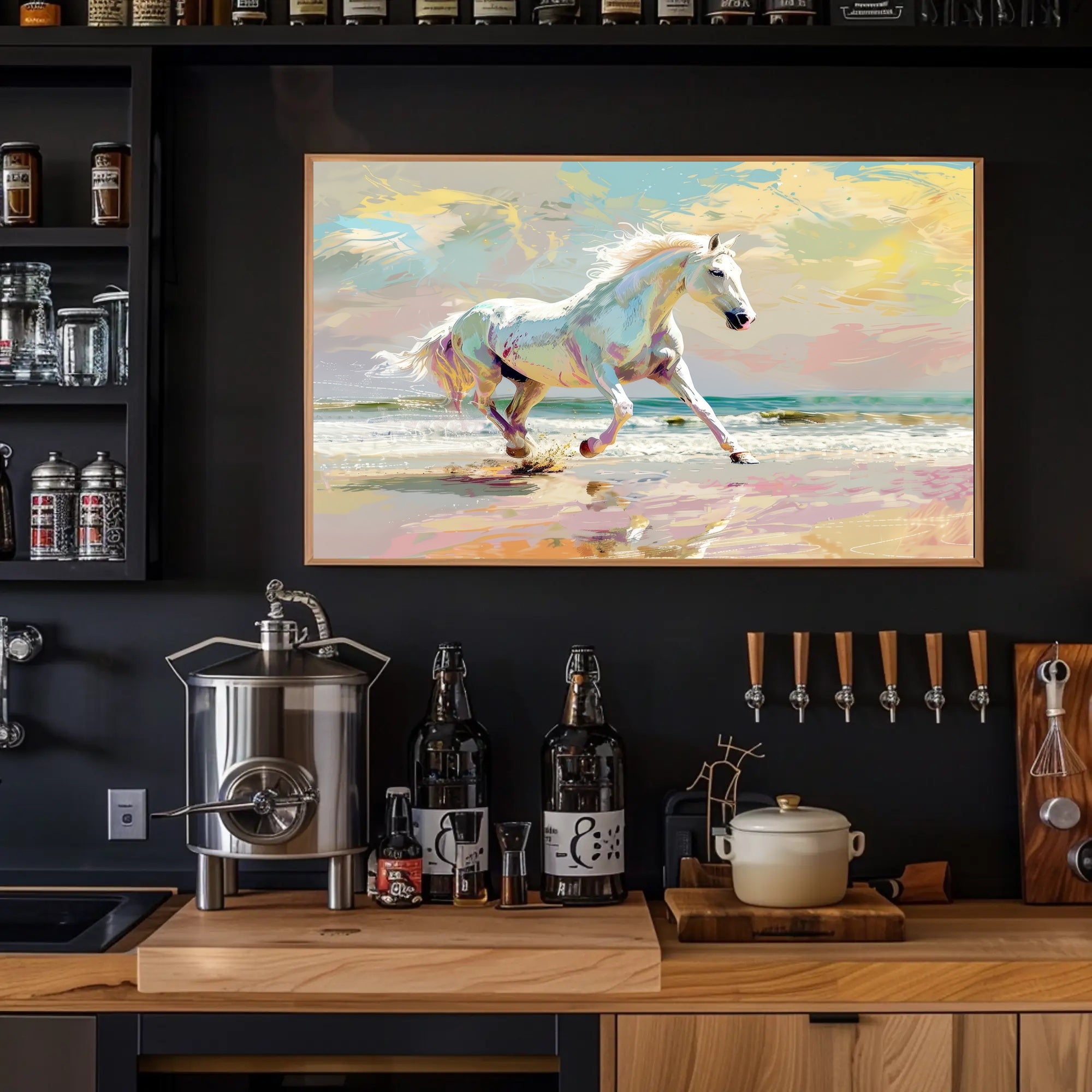 Galloping White Horse Beach Scene Animal Poster PosterGoat