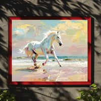 Galloping White Horse Beach Scene Animal Poster PosterGoat