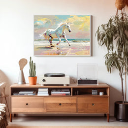Galloping White Horse Beach Scene Animal Poster PosterGoat