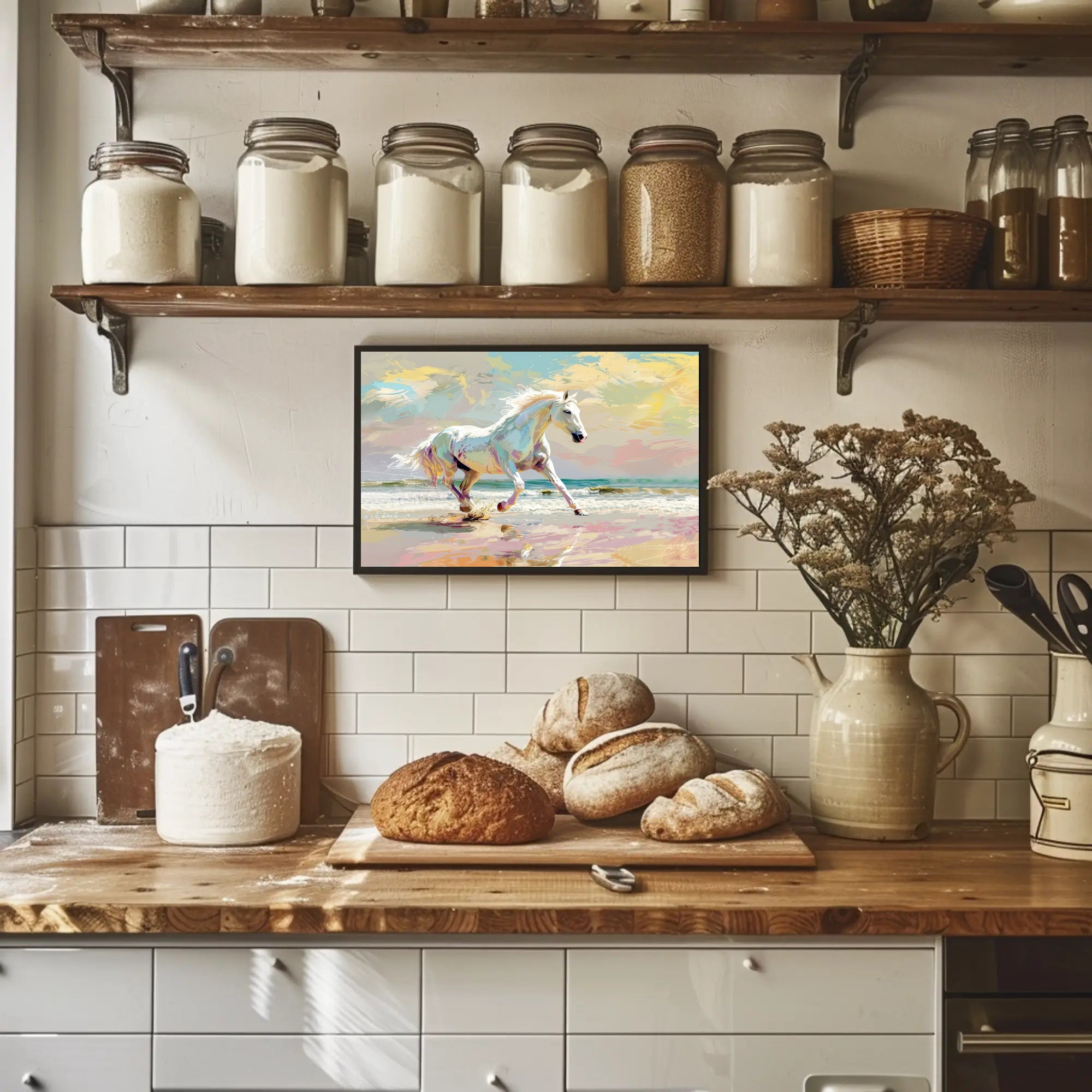 Galloping White Horse Beach Scene Animal Poster PosterGoat