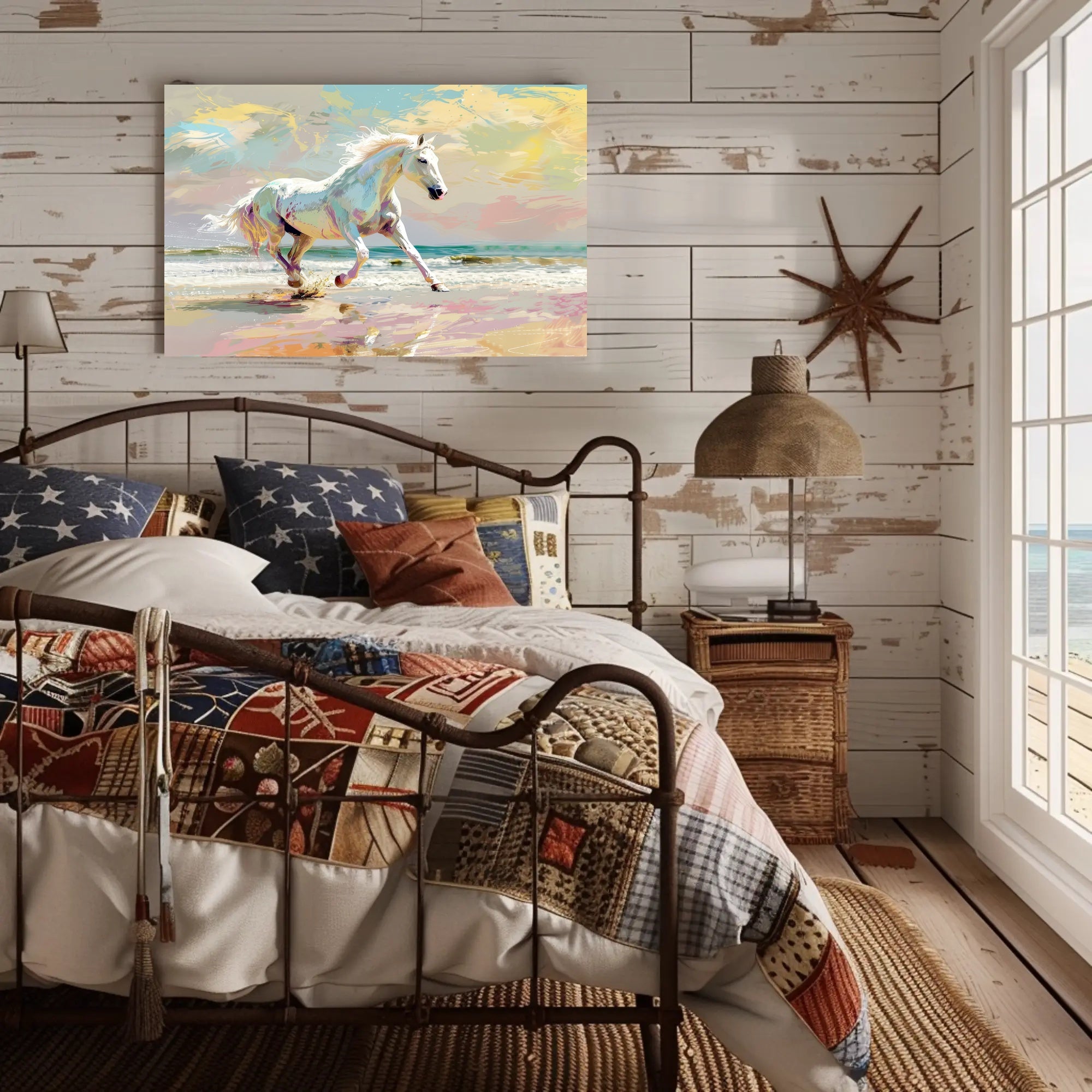 Galloping White Horse Beach Scene Animal Poster PosterGoat