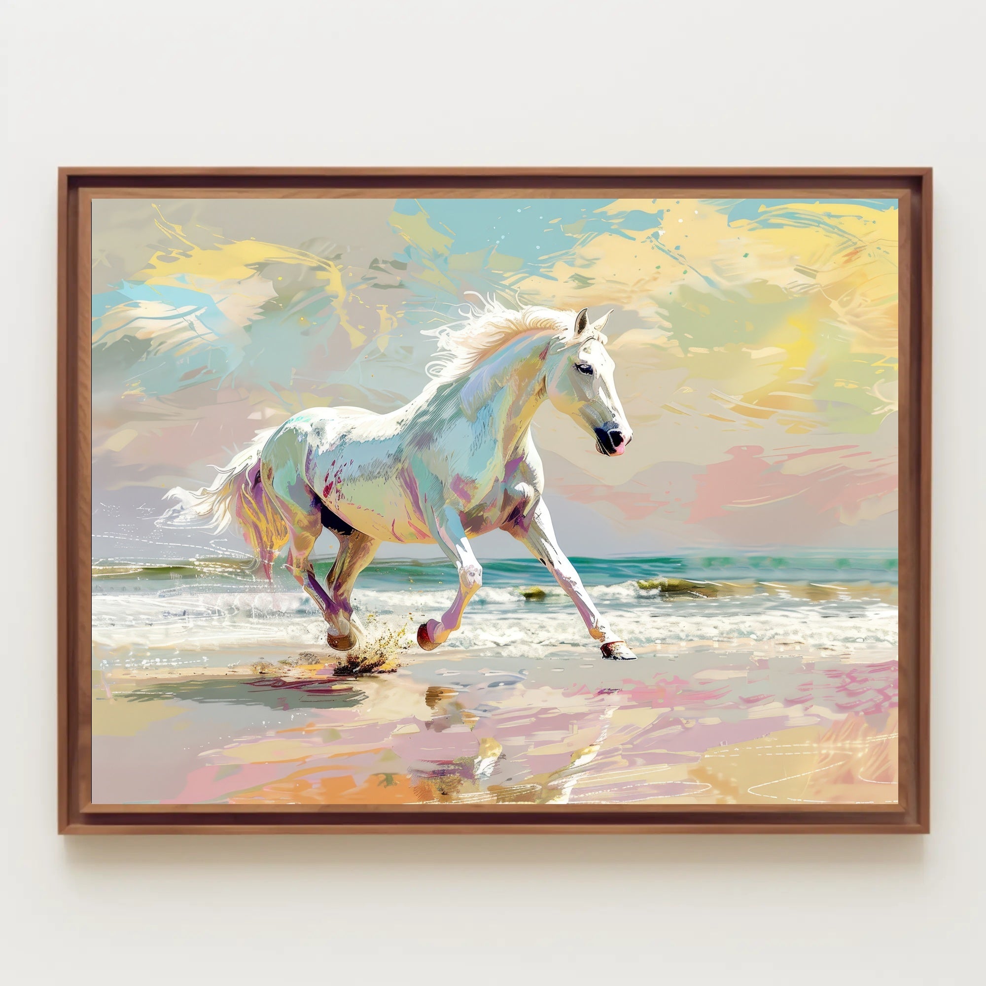 Galloping White Horse Beach Scene Animal Poster PosterGoat