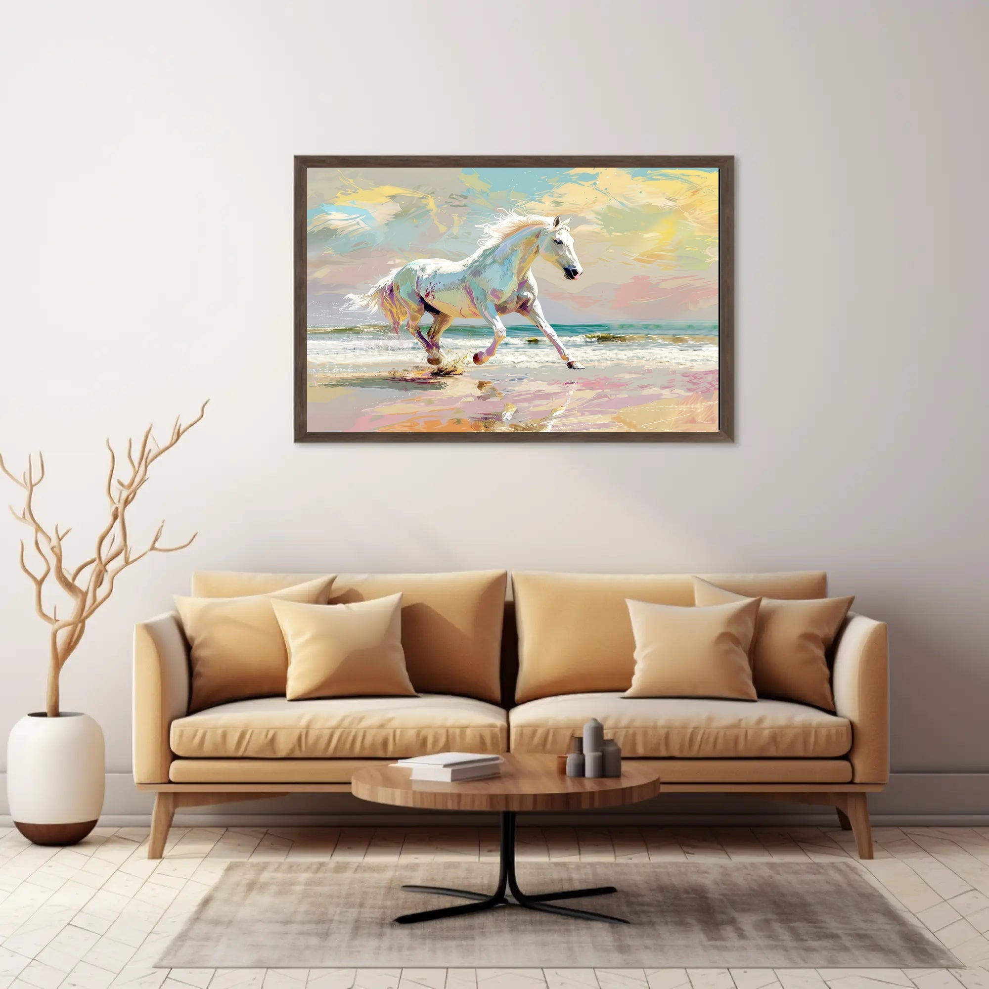 Galloping White Horse Beach Scene Animal Poster PosterGoat