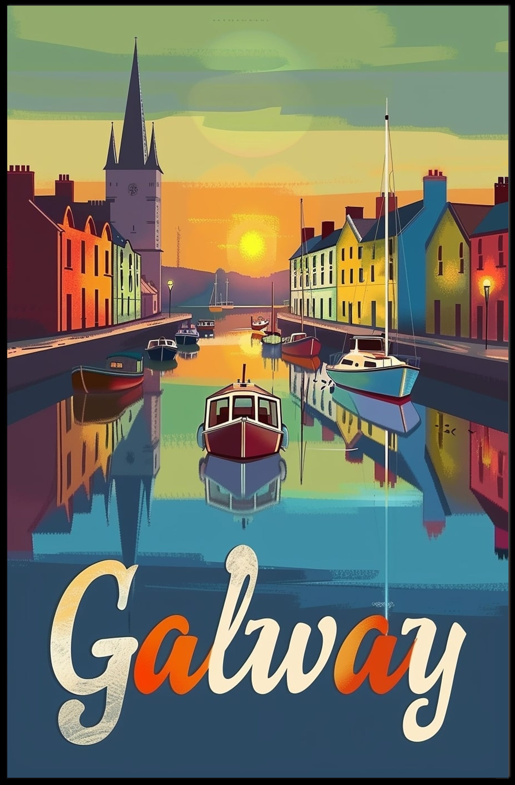 Galway Canal Sunset Art Print - Travel Poster PosterGoat