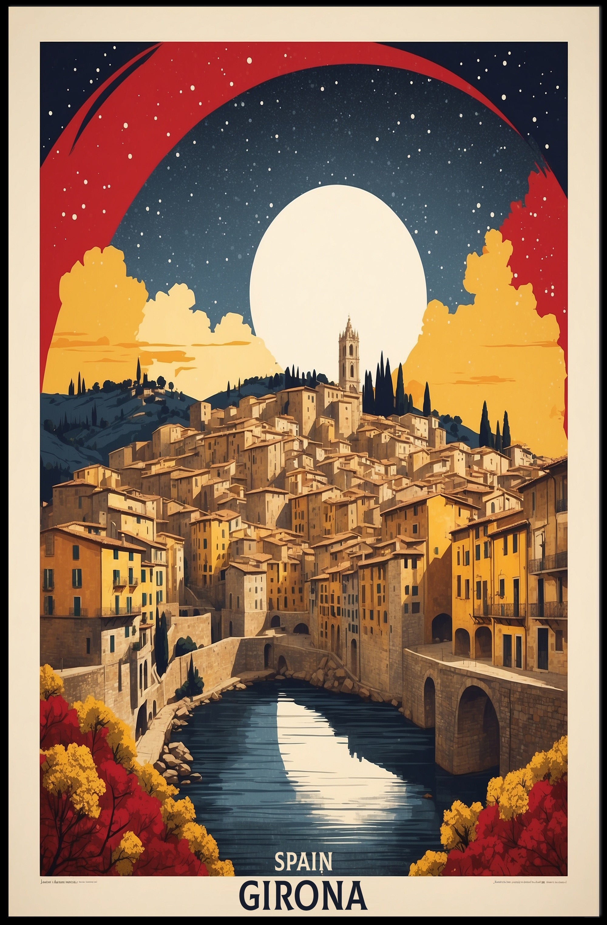 Girona Scenic Vintage Urban Cityscape Travel Poster PosterGoat