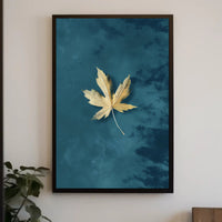 Golden Leaf on Teal Modern Artistic Poster PosterGoat