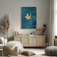 Golden Leaf on Teal Modern Artistic Poster PosterGoat
