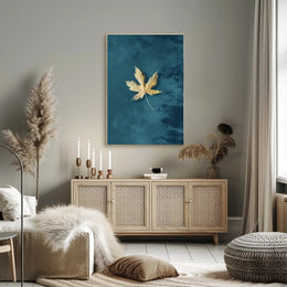 Golden Leaf on Teal Modern Artistic Poster PosterGoat